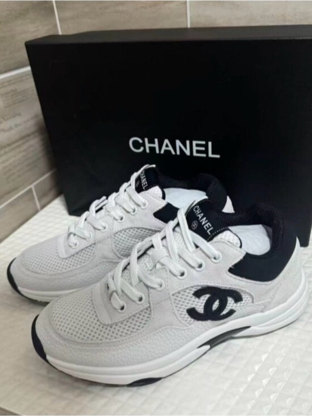 CHANEL White and Black Logo Athletic Sneakers